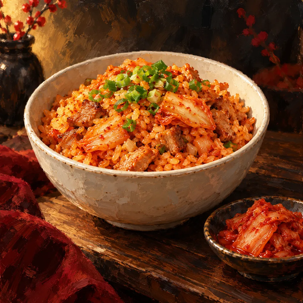 Illustrative painting of kimchi fried rice in a white bowl with pork and red kimchi, not a photo of the truck's own food