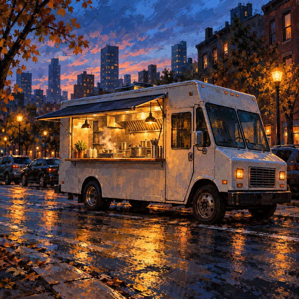 Illustrative painting of a food truck at dusk with a lit serving window and no signage, not a photo of the truck