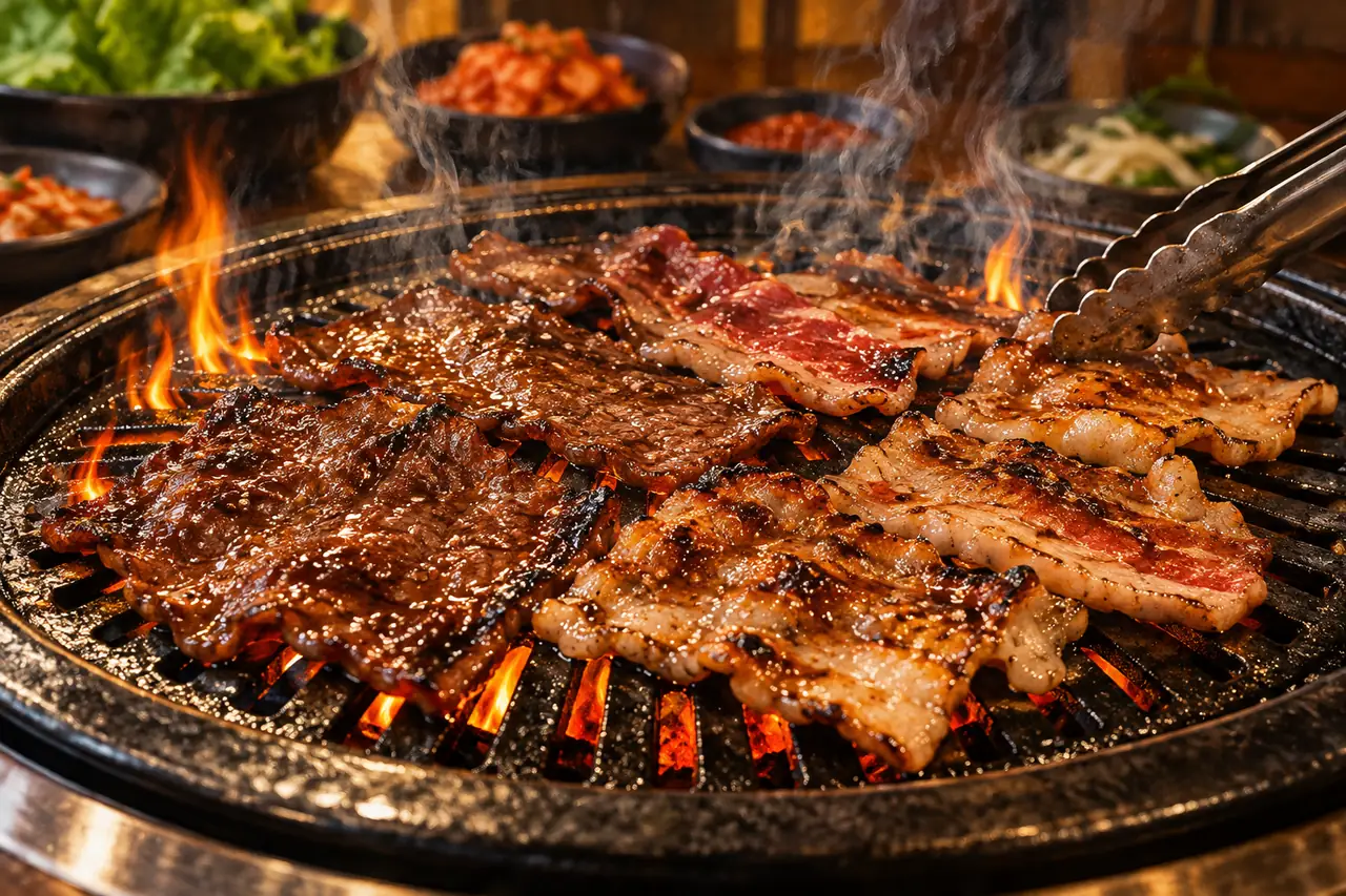 Illustrative image of marinated meat sizzling on a hot grill, not a photo of the truck's own food